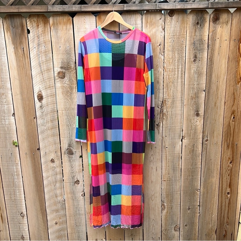 Long Sleeve Multicolor Checkerboard Maxi Dress - Vibrant Colorblock - Picture 2 of 6